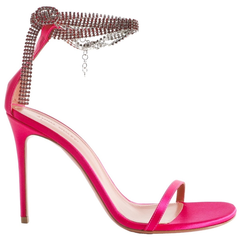 Amina Muaddi Giorgia Pink Satin Heels w/ Crystal Anklet – Size 39/8.5